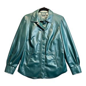 Chicos Size 0 Green Faux Leather Shacket US 4/6 Pockets Buttery Soft Womens